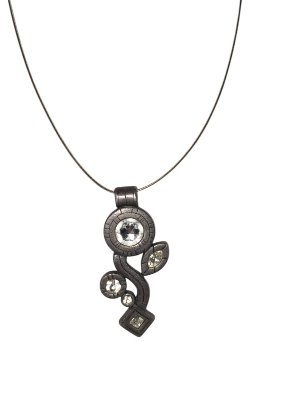 Vintage 80s 90s Gunmetal  Pendant Necklace with Crystal Accents